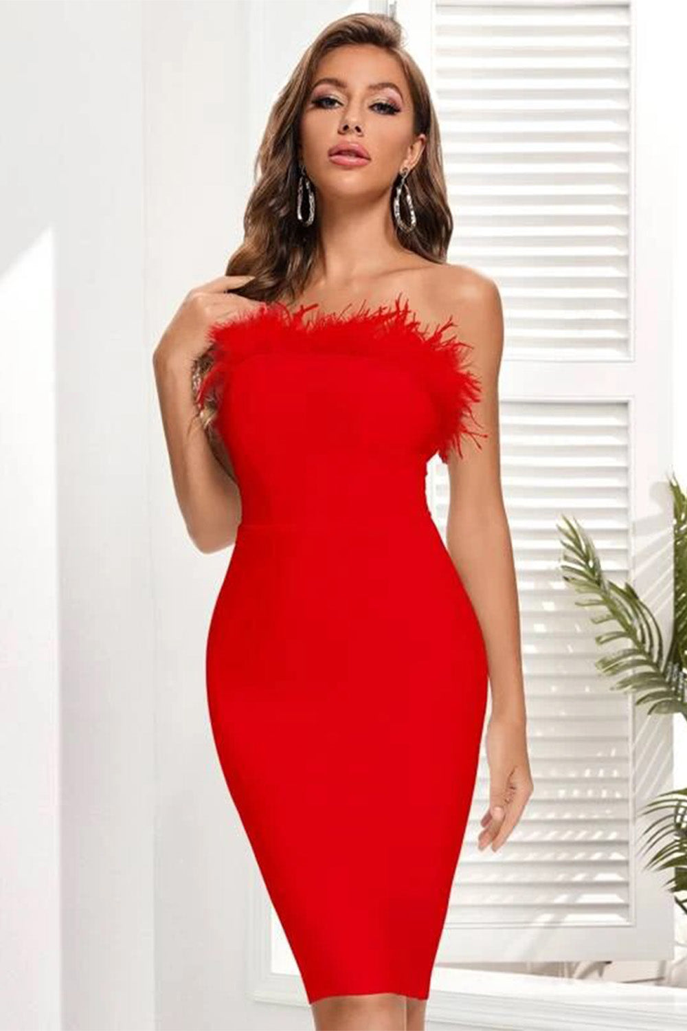 red bandage dress, red bodycon dress, feather bandage dress, cocktail dress, bandage dress for women, knee length bandage dress, sexy bandage dress, off shoulder bandage dress, bandage dress for women elegant, bright dress, colorful dress