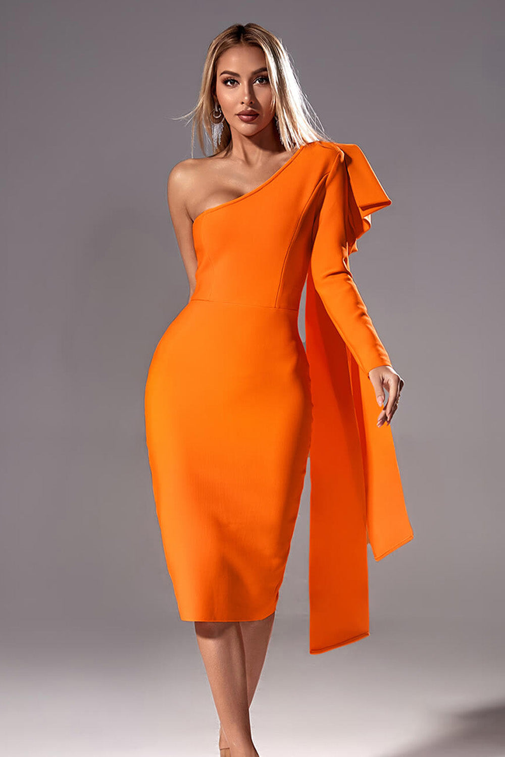 orange bandage dress, orange bodycon dress, orange cocktail dress, bandage dress for women, midi bandage dress, long sleeve bandage dress, one shoulder bandage dress, event dress, party dress, fancy bandage dress