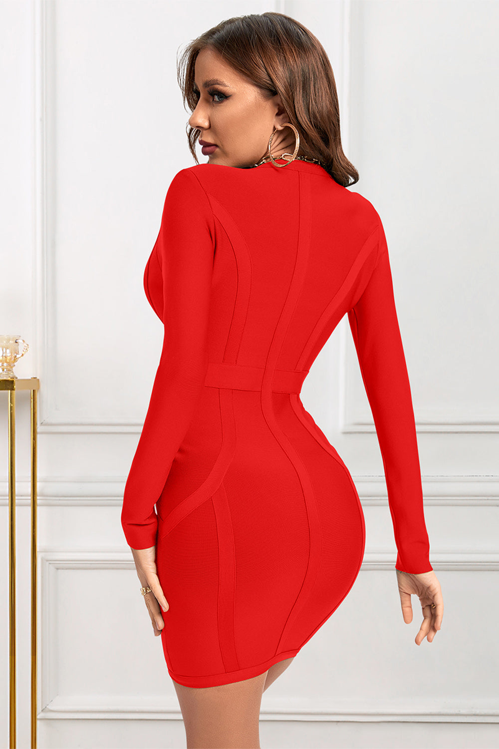 red bandage dress, red bodycon dress, red cocktail dress, bandage dress for women, mini bandage dress, long sleeve bandage dress, event dress, party dress, v neck bandage dress, stripe bandage dress