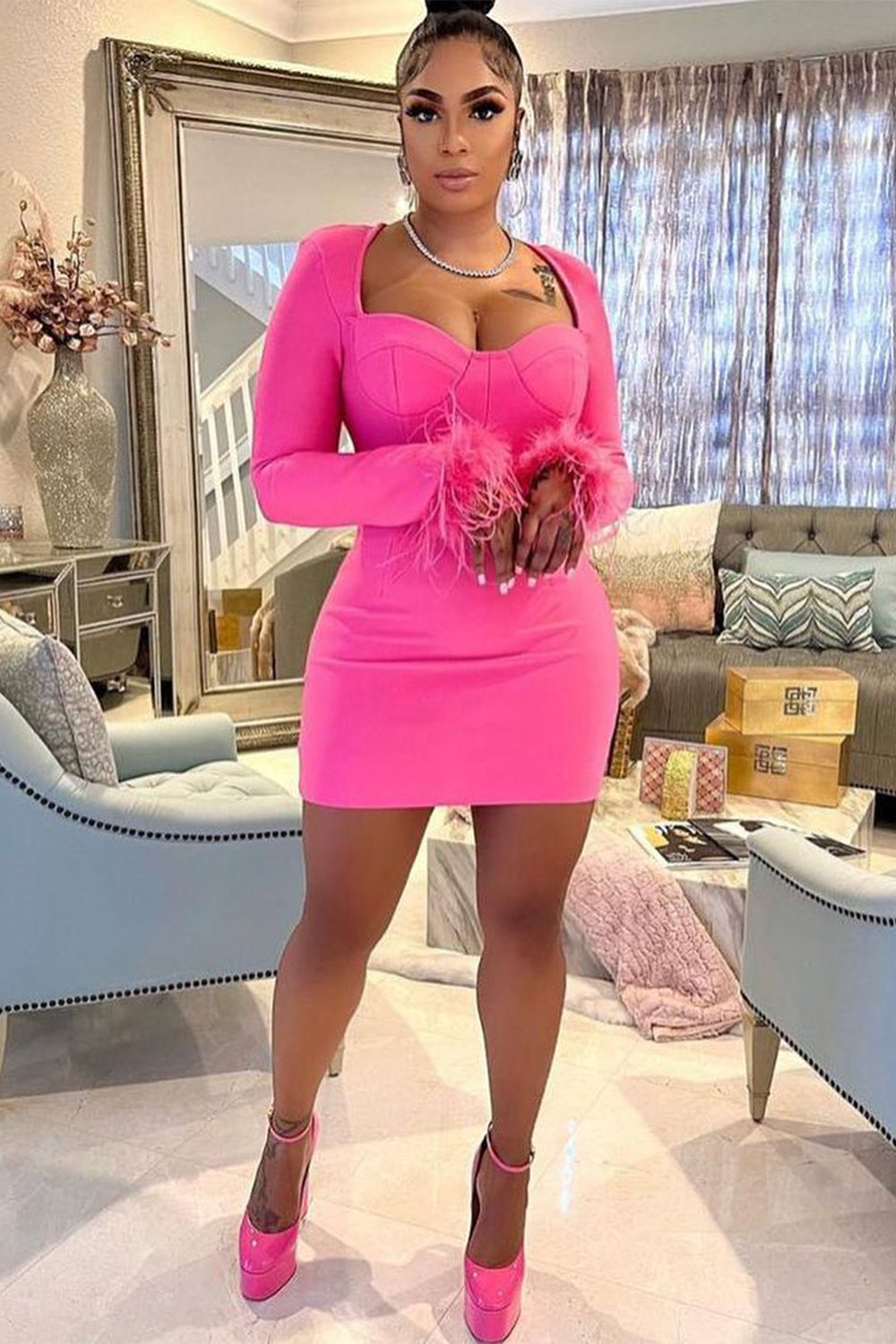 Hot pink bandage dress, hot pink bodycon dress, cocktail dress, bandage dress for women, feather bandage dress, mini bandage dress, long sleeve bandage dress, event dress, party dress, v neck bandage dress